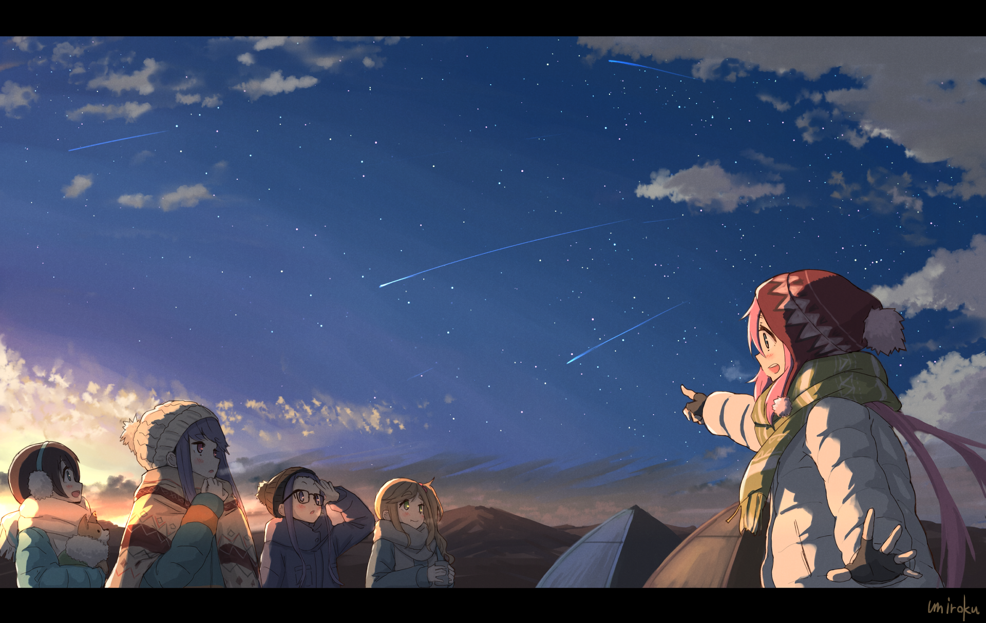 Nadeshiko Kagamihara and friends watching shooting stars HD Wallpaper