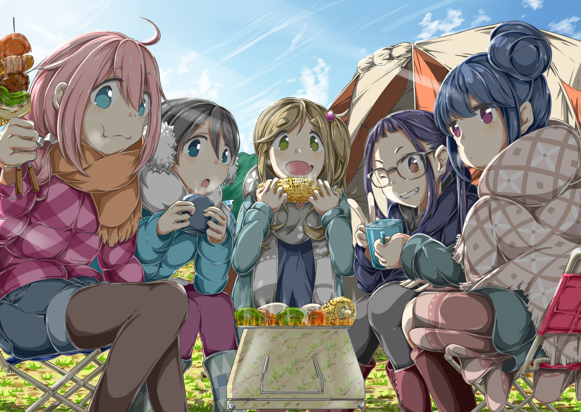 Girls camping and eating food HD Wallpaper