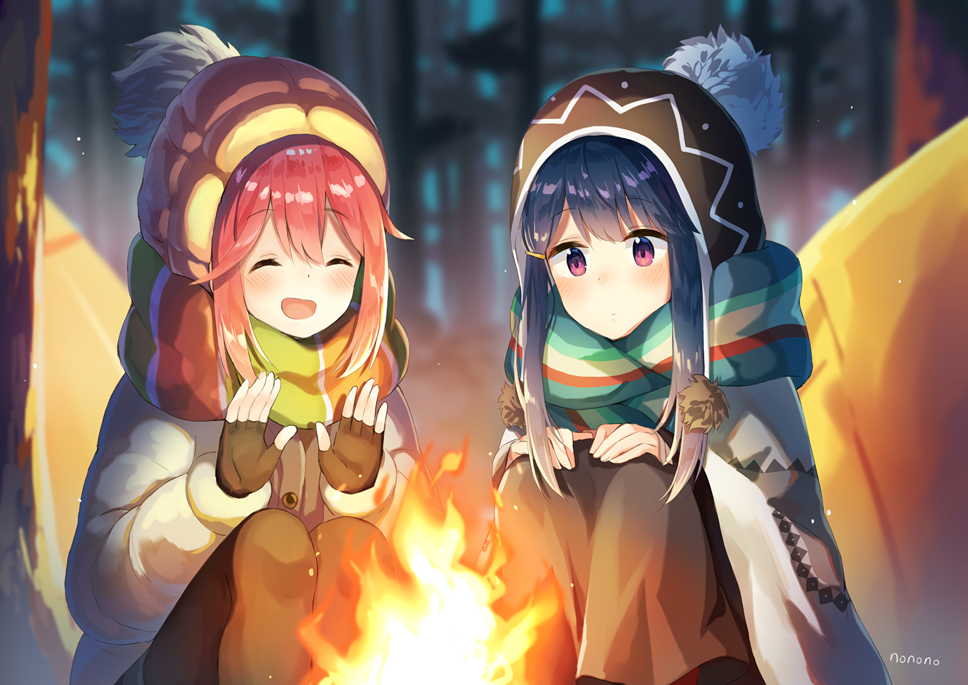 Nadeshiko Kagamihara and Rin Shima camping by a fire HD Wallpaper