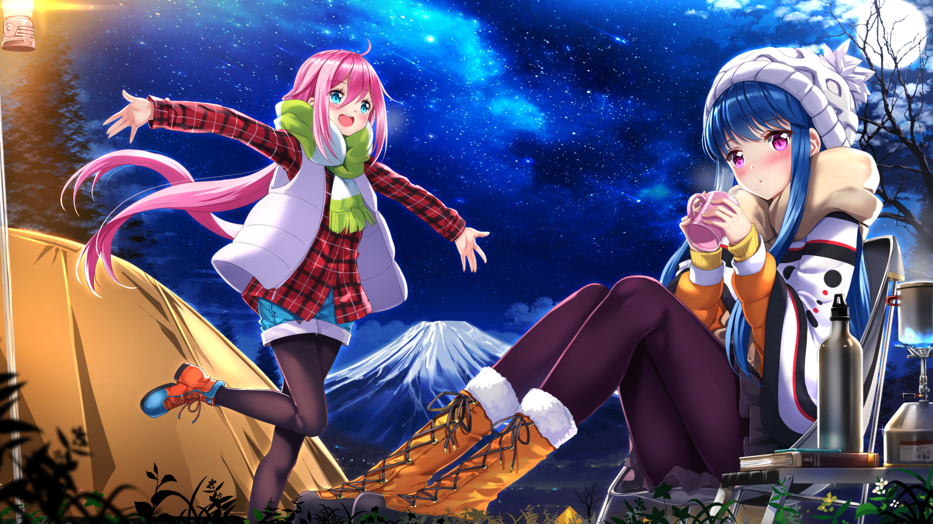 Nadeshiko Kagamihara and Rin Shima camping under the stars HD Wallpaper
