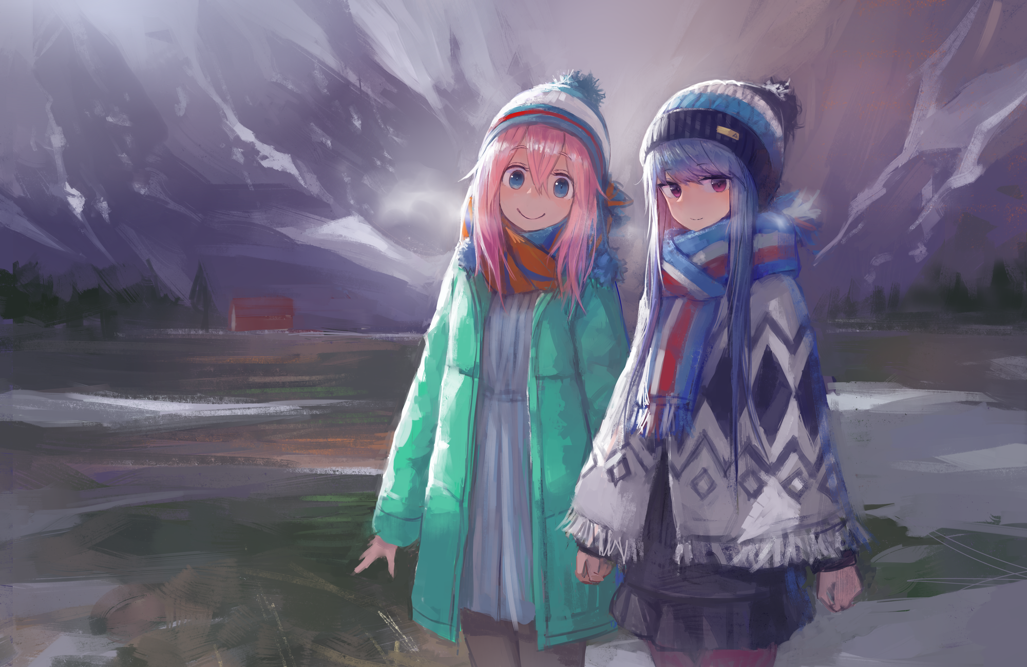 Two girls in winter clothes in a mountainous landscape HD Wallpaper