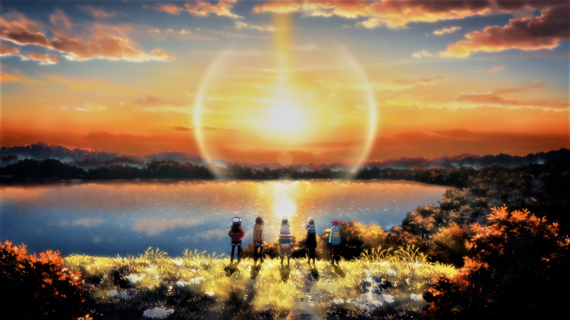 Group of girls watching a sunset over a lake HD Wallpaper