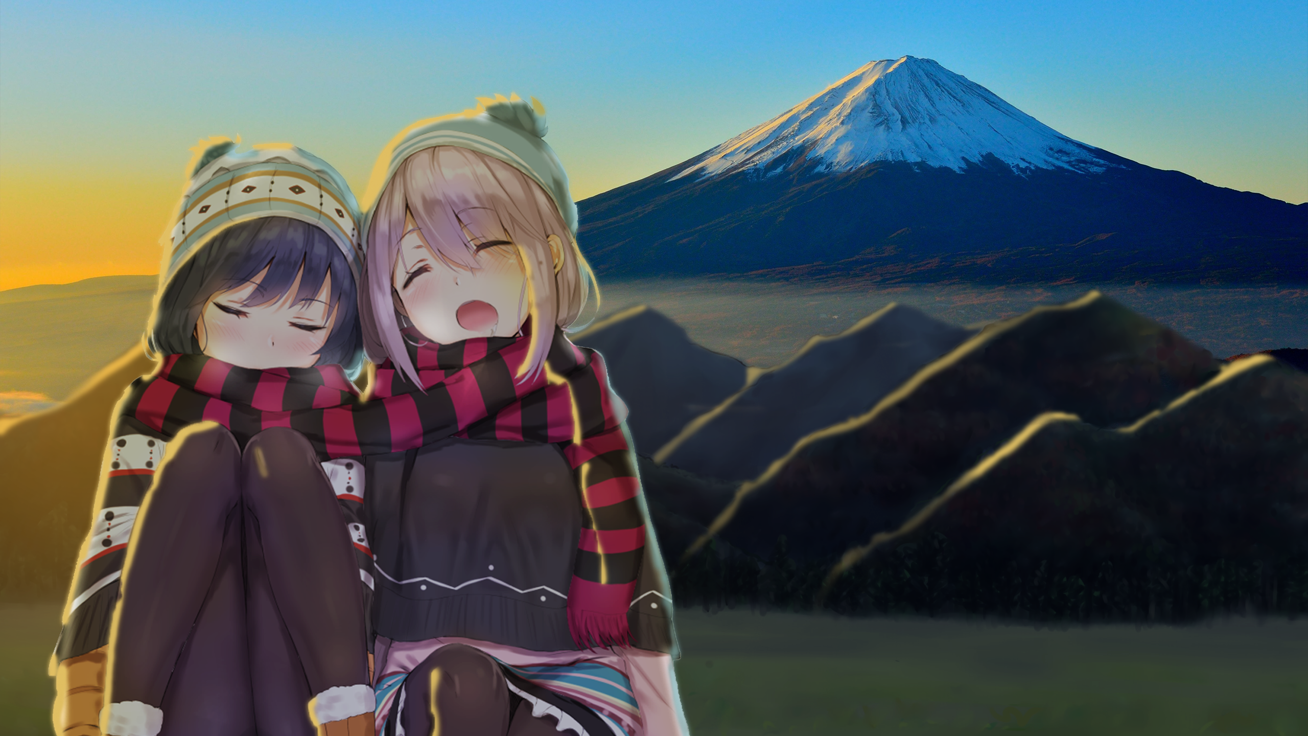Nadeshiko Kagamihara and companion with Mount Fuji HD Wallpaper