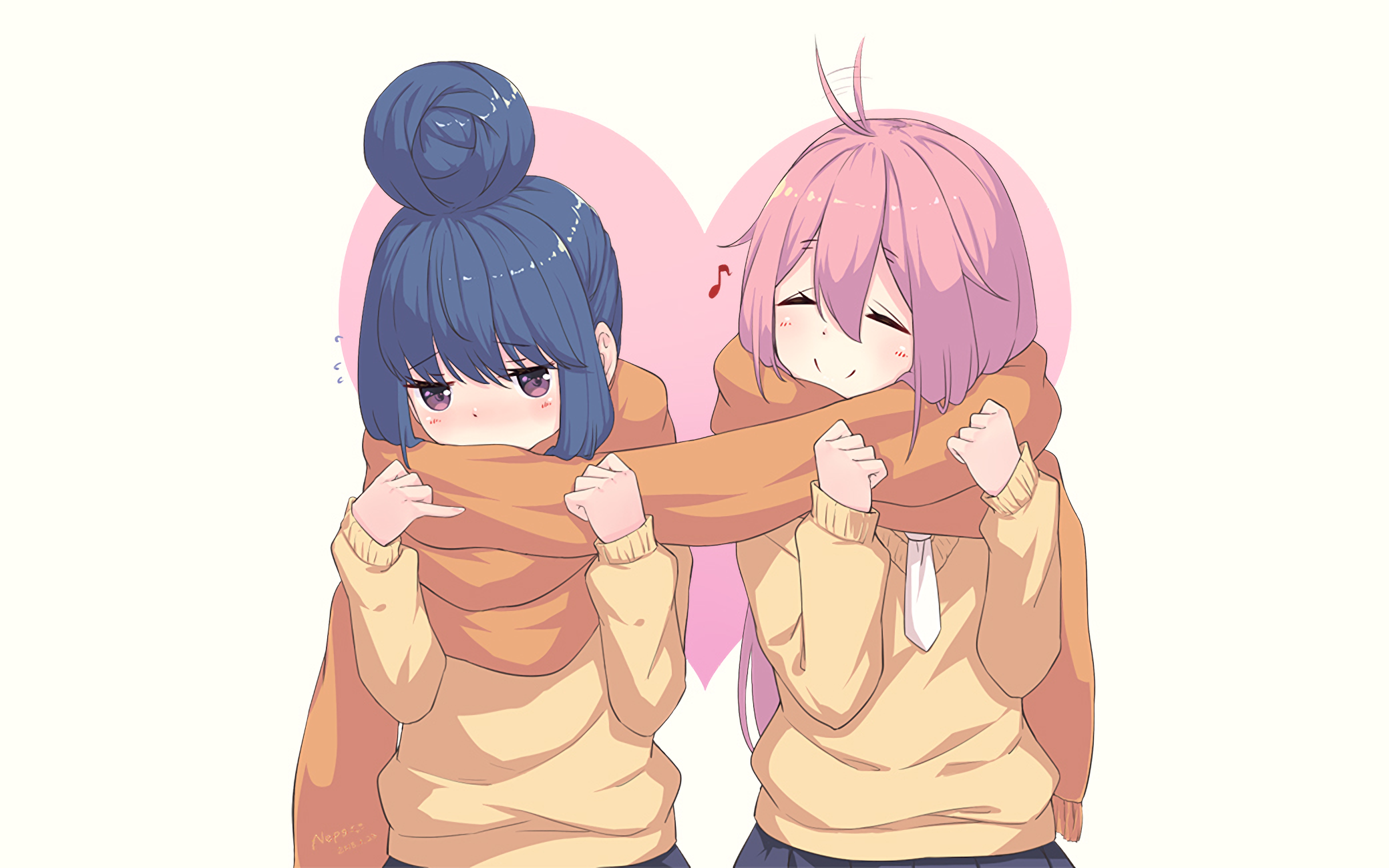 Nadeshiko Kagamihara and Rin Shima sharing a scarf HD Wallpaper