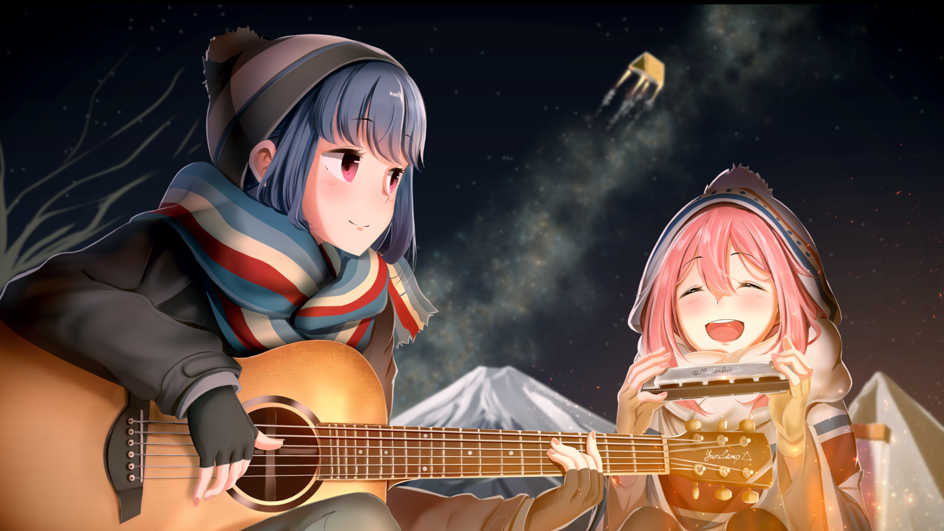 Nadeshiko Kagamihara playing guitar and harmonica HD Wallpaper
