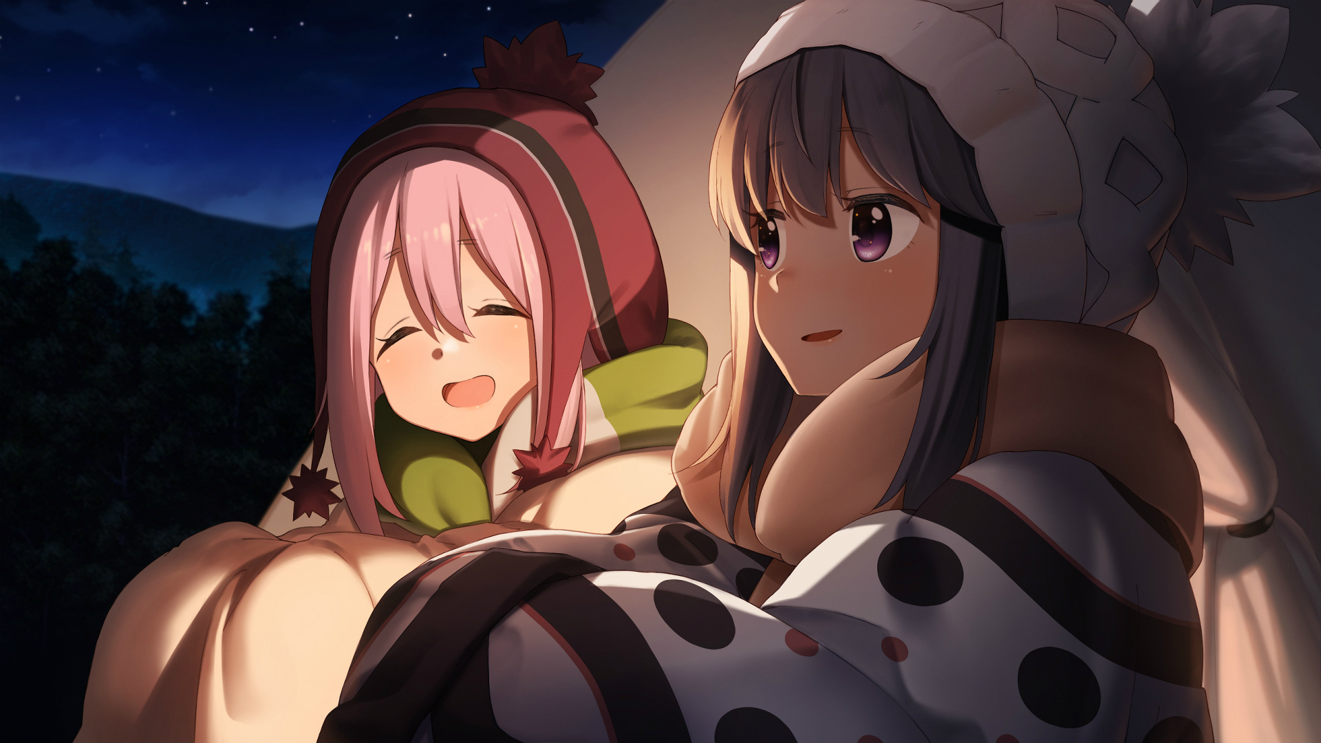 Nadeshiko Kagamihara and Rin Shima camping at night HD Wallpaper