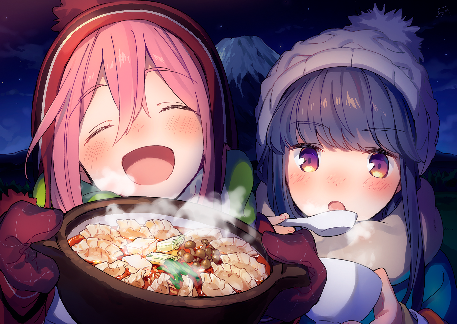 Nadeshiko Kagamihara and Rin Shima eating hot pot HD Wallpaper