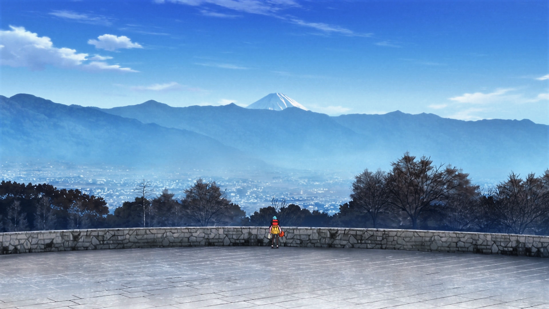 Nadeshiko Kagamihara overlooking a city and Mount Fuji HD Wallpaper