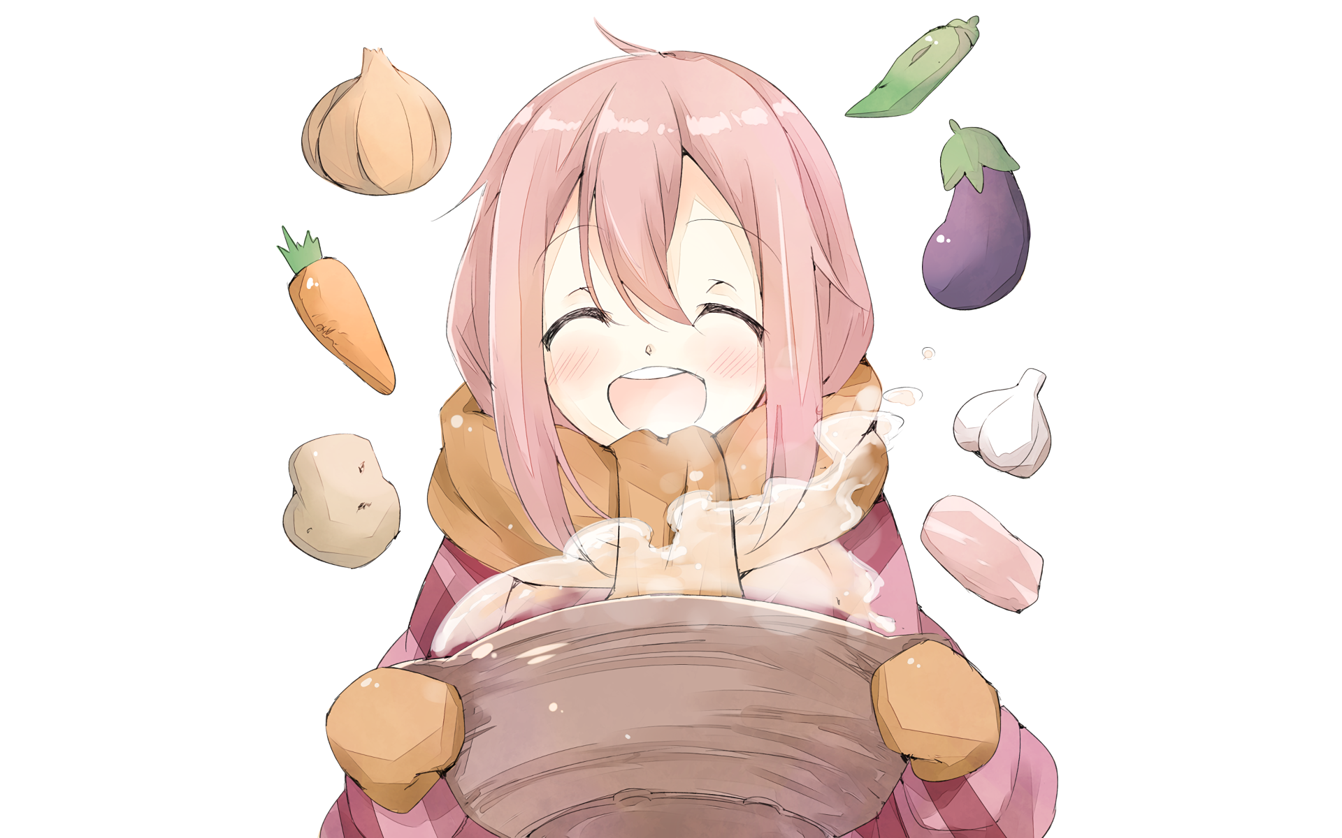 Nadeshiko Kagamihara cooking vegetables and meat HD Wallpaper