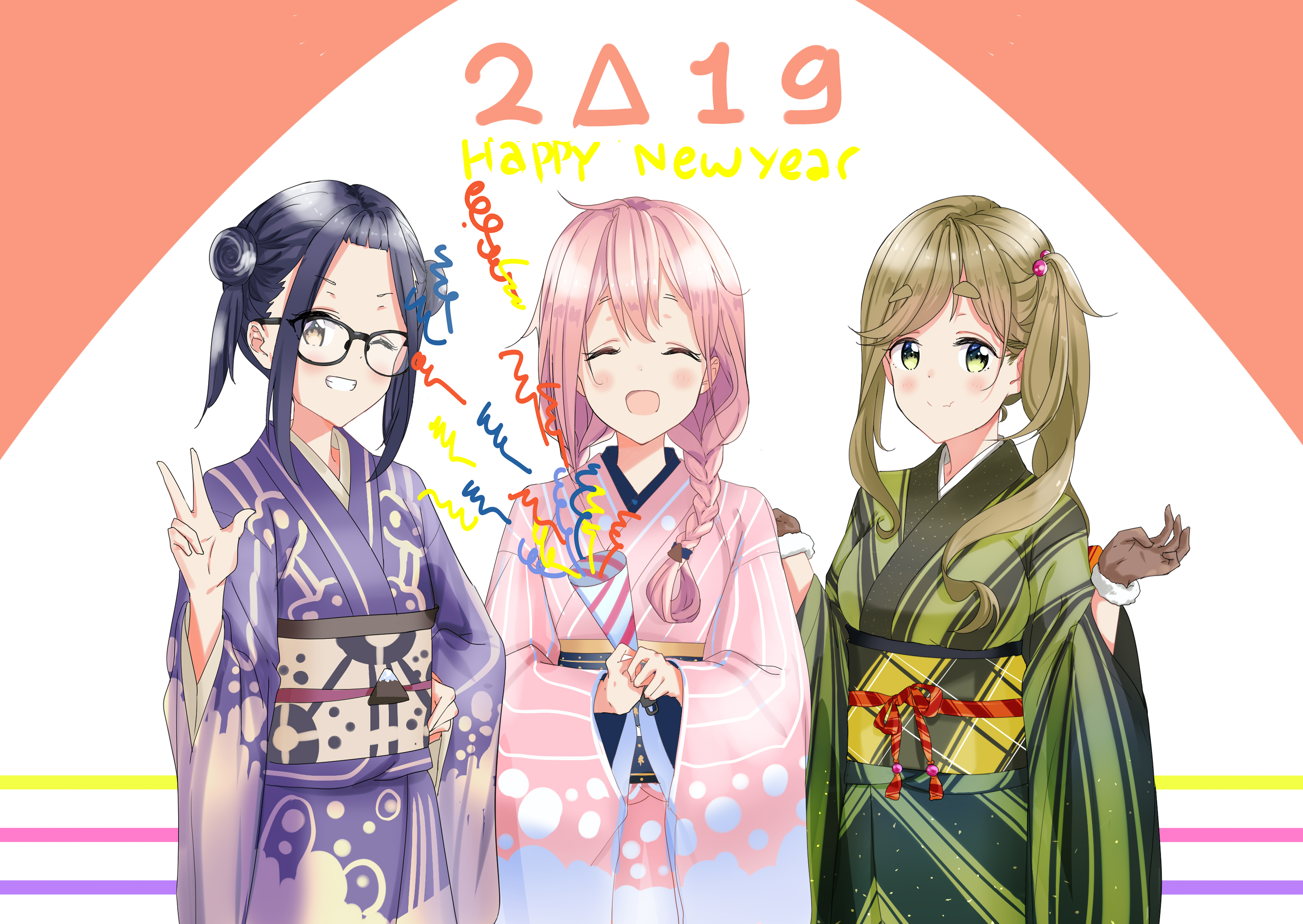 3 girls in kimonos celebrating New Year 2019 HD Wallpaper