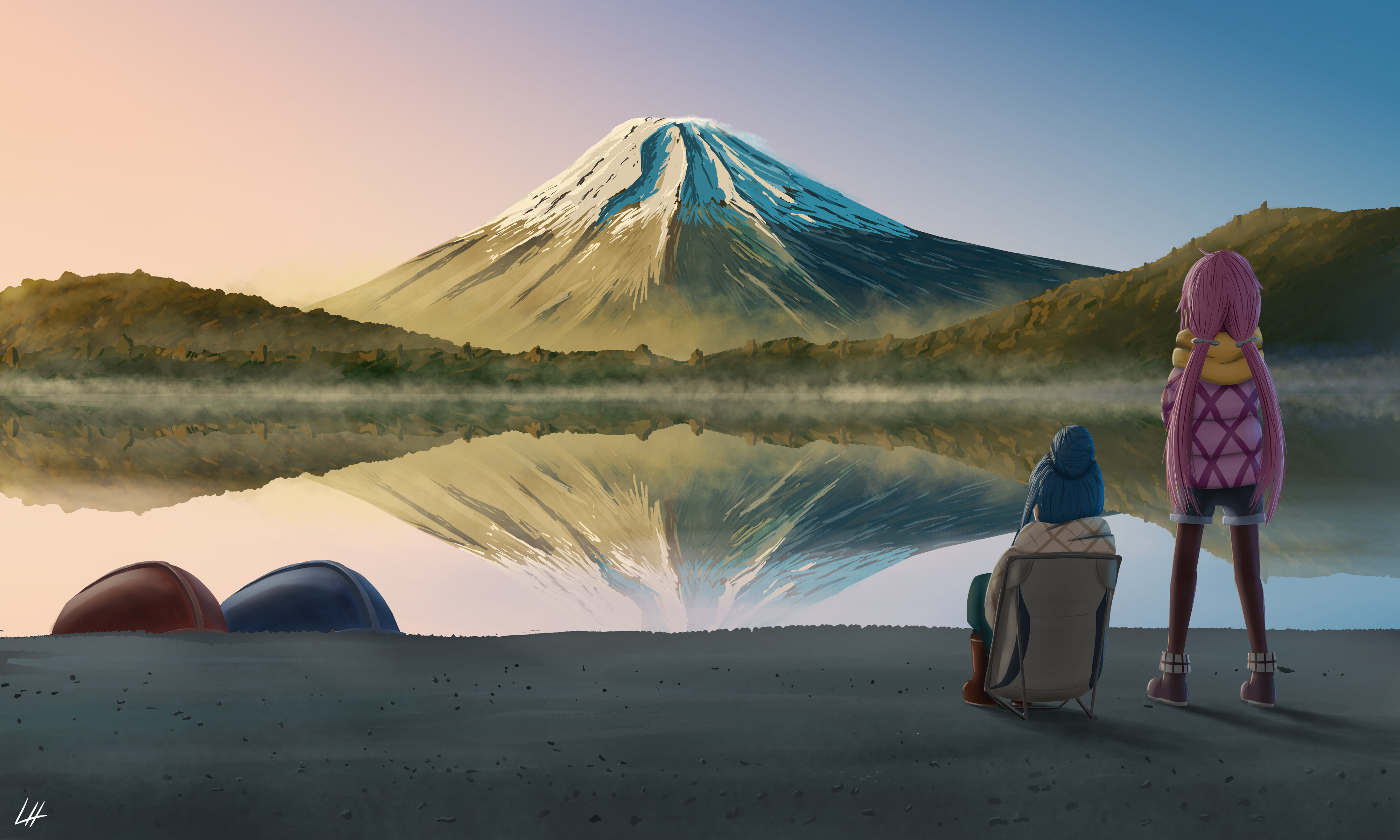 Nadeshiko Kagamihara and Rin Shima camping by Mount Fuji HD Wallpaper