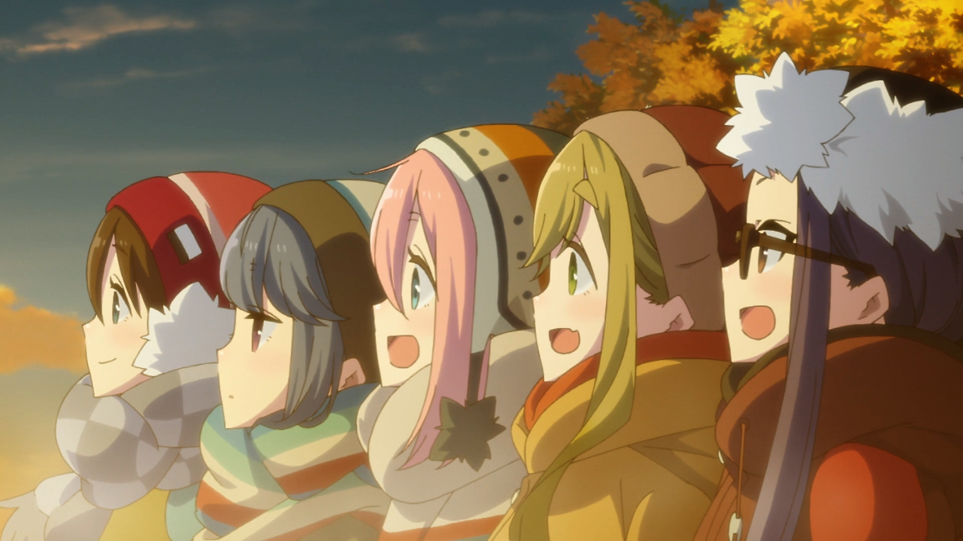 Girls from Laid-Back Camp in winter clothing HD Wallpaper