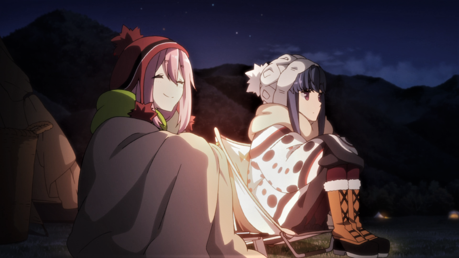 Nadeshiko Kagamihara and Rin Shima camping at night HD Wallpaper