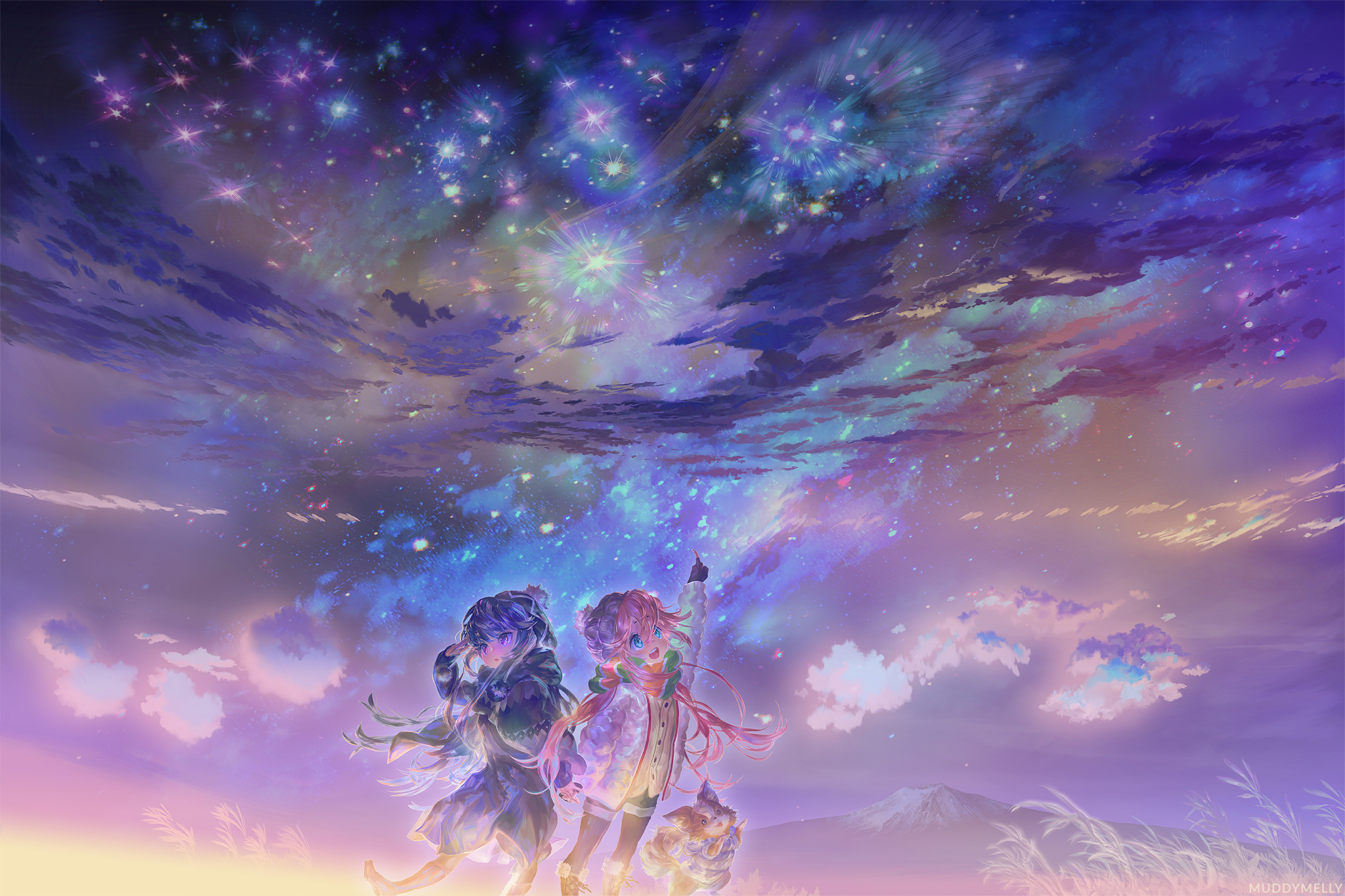 Two girls looking at a starry sky with fireworks HD Wallpaper