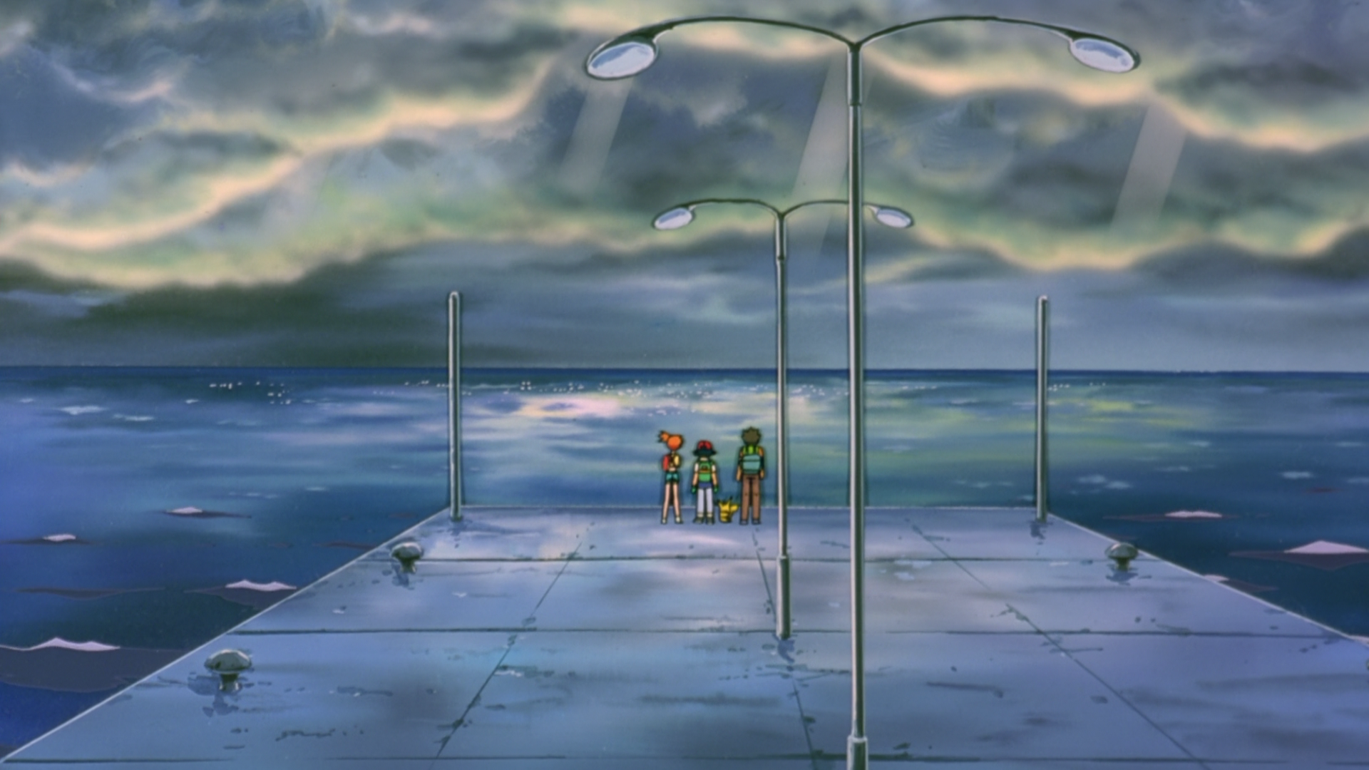 Ash Ketchum and friends on a pier HD Wallpaper
