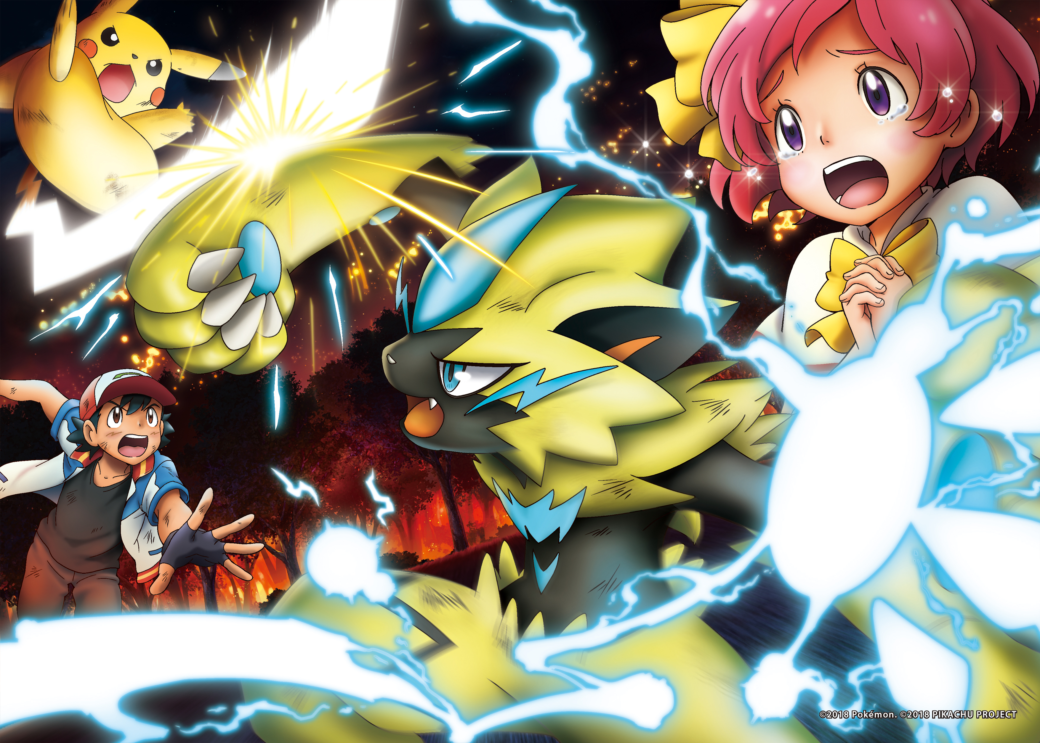 Ash and Pikachu from Pokemon with Zeraora and girl HD Wallpaper