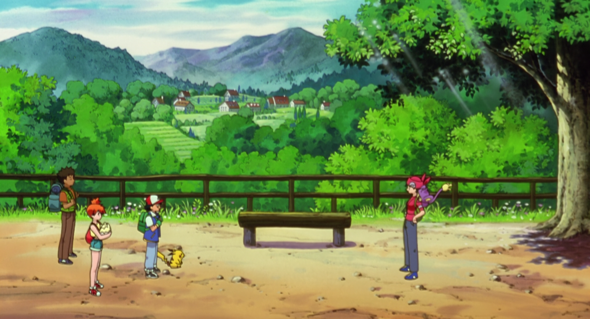Ash Ketchum and friends in a village landscape HD Wallpaper