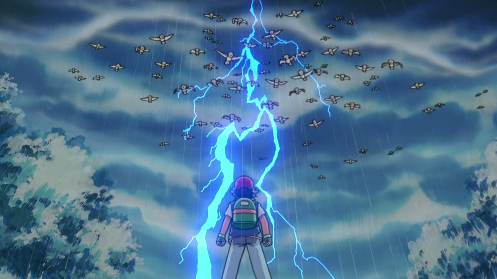 Ash Ketchum in a thunderstorm with Starly HD Wallpaper