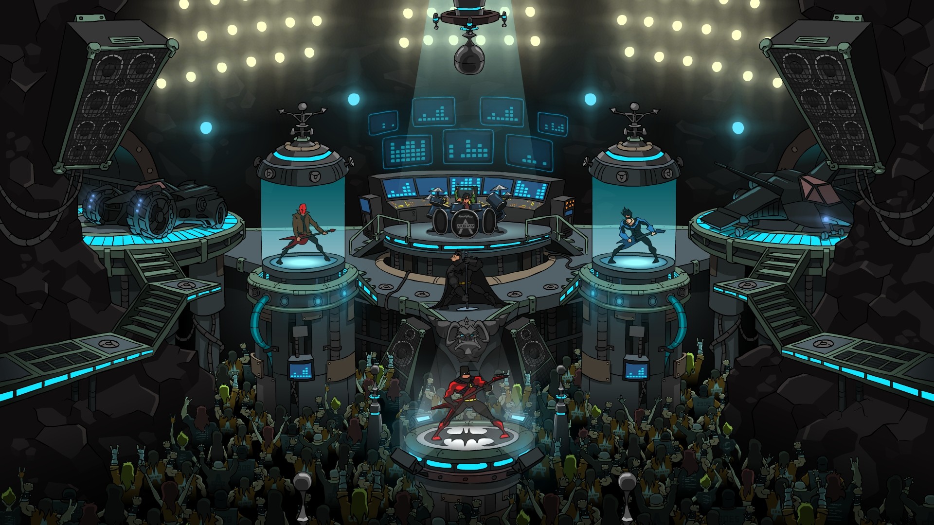 Red Hood and Batman band performing in Batcave HD Wallpaper