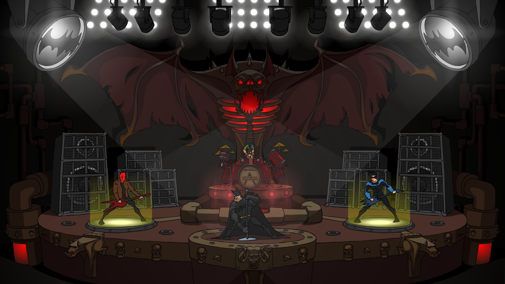 Batman and allies performing on stage HD Wallpaper