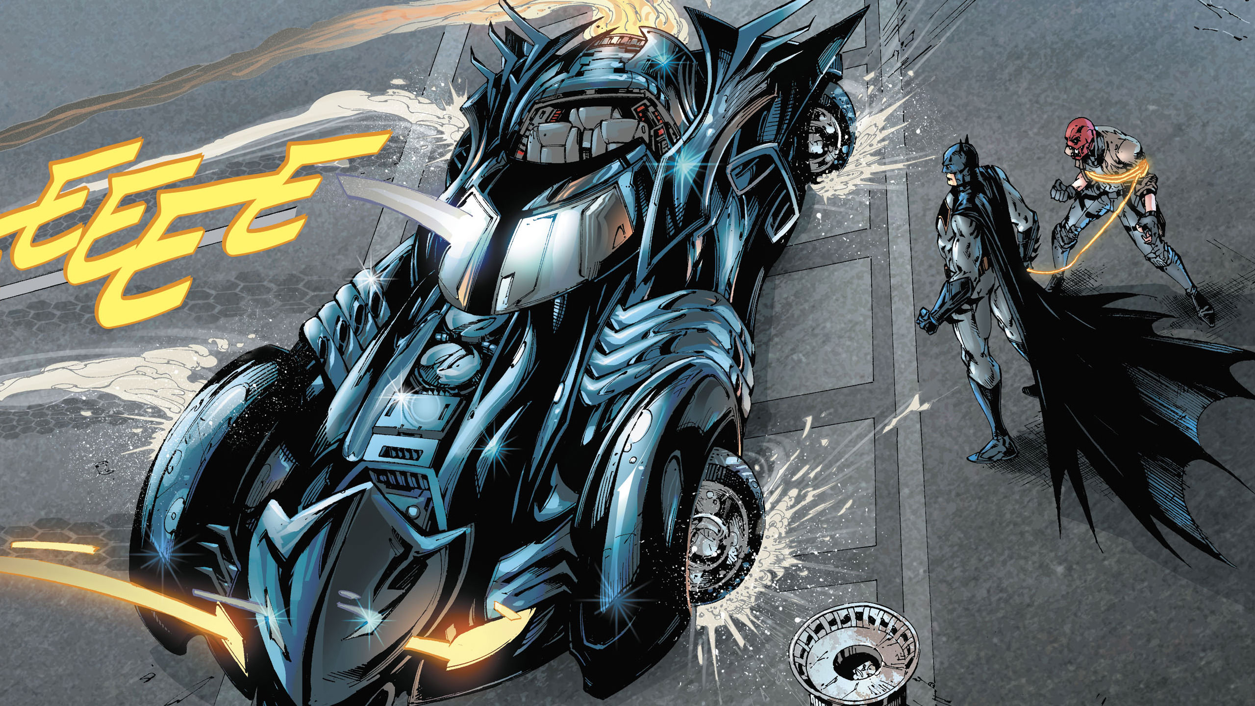 Batman and Red Hood with Batmobile HD Wallpaper