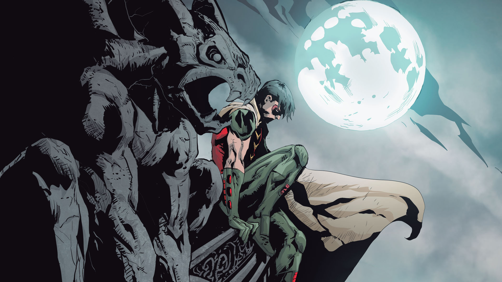 Robin sitting on a gargoyle under the moon HD Wallpaper