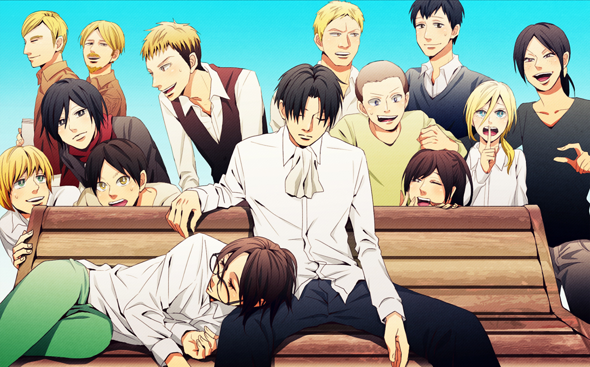 Attack on Titan characters on a bench HD Wallpaper