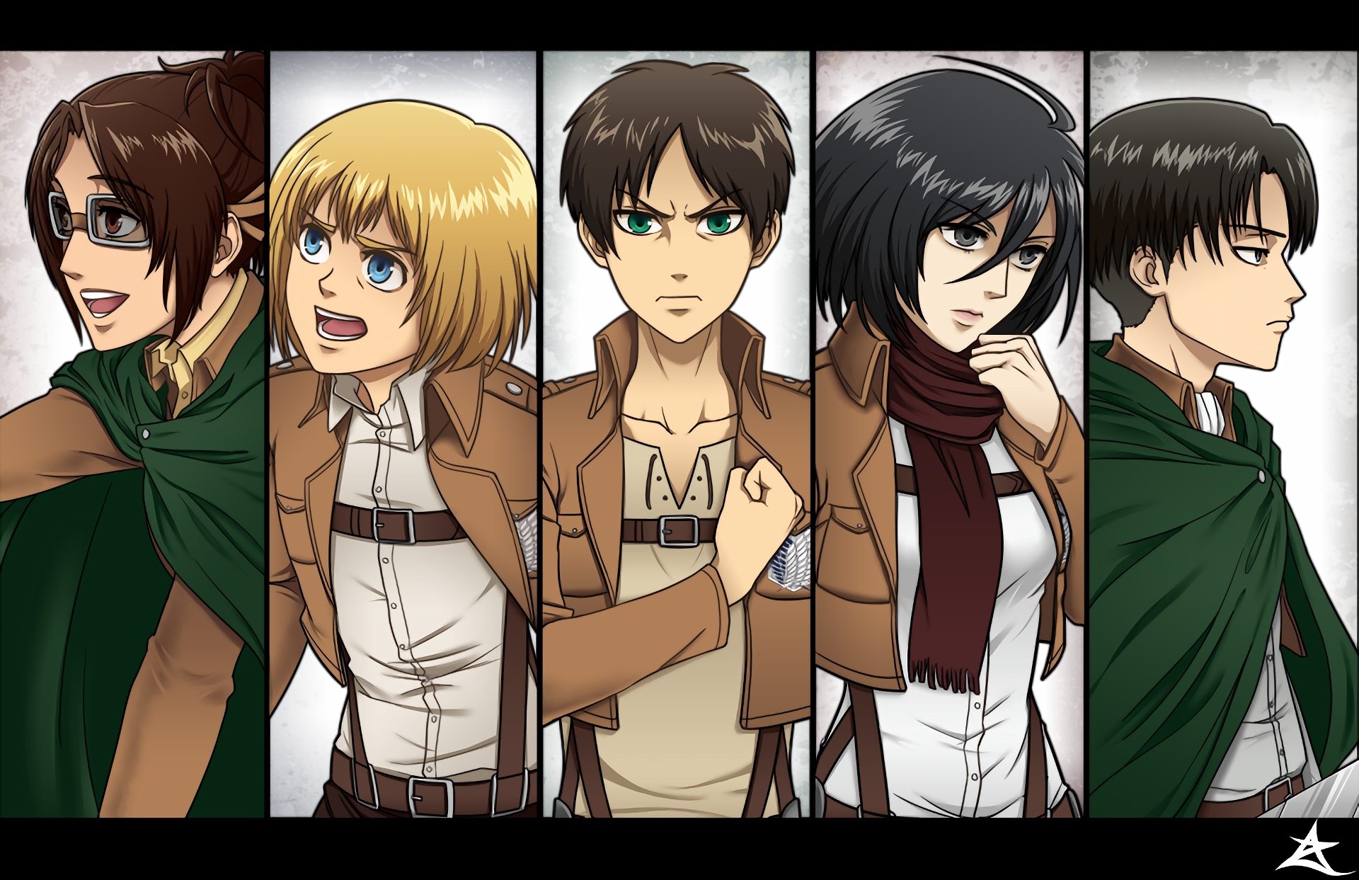 Attack on Titan characters Hange Zoë, Armin, Eren, Mikasa, and Levi HD Wallpaper