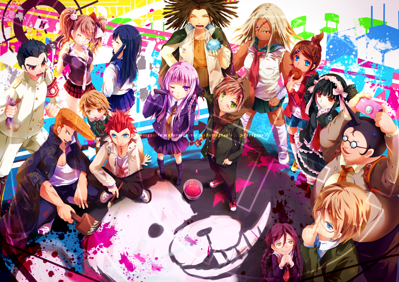 Danganronpa characters gathered around Monokuma HD Wallpaper