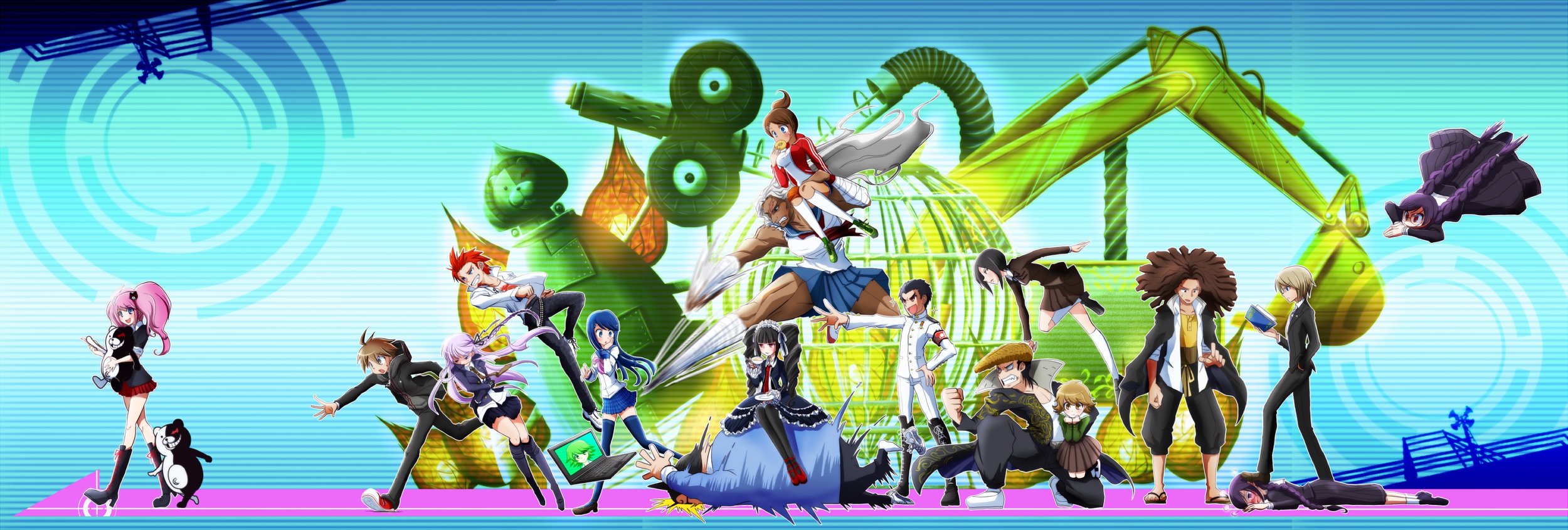 Danganronpa characters in a colorful, abstract setting HD Wallpaper