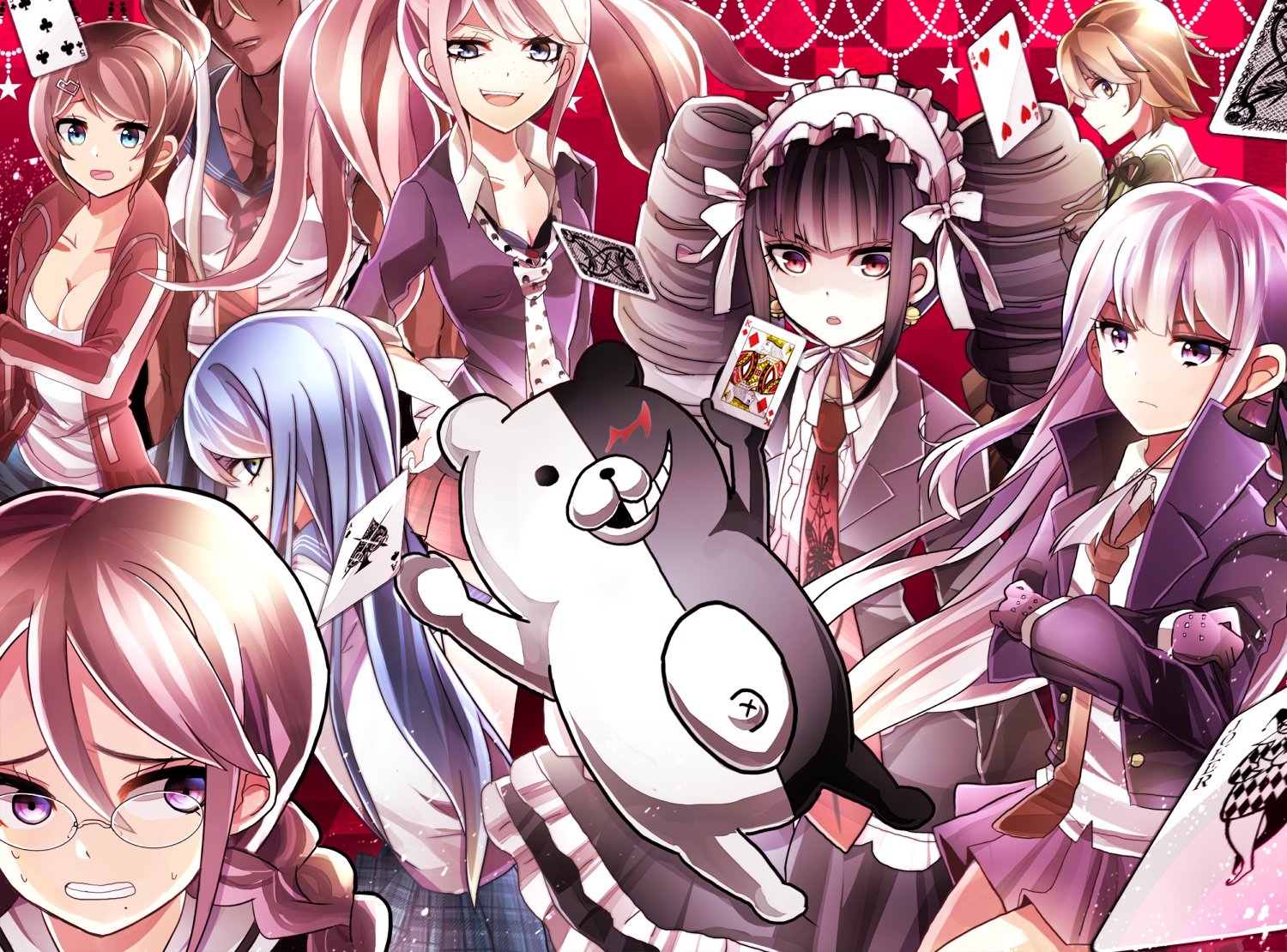 Danganronpa characters with Monokuma and playing cards HD Wallpaper