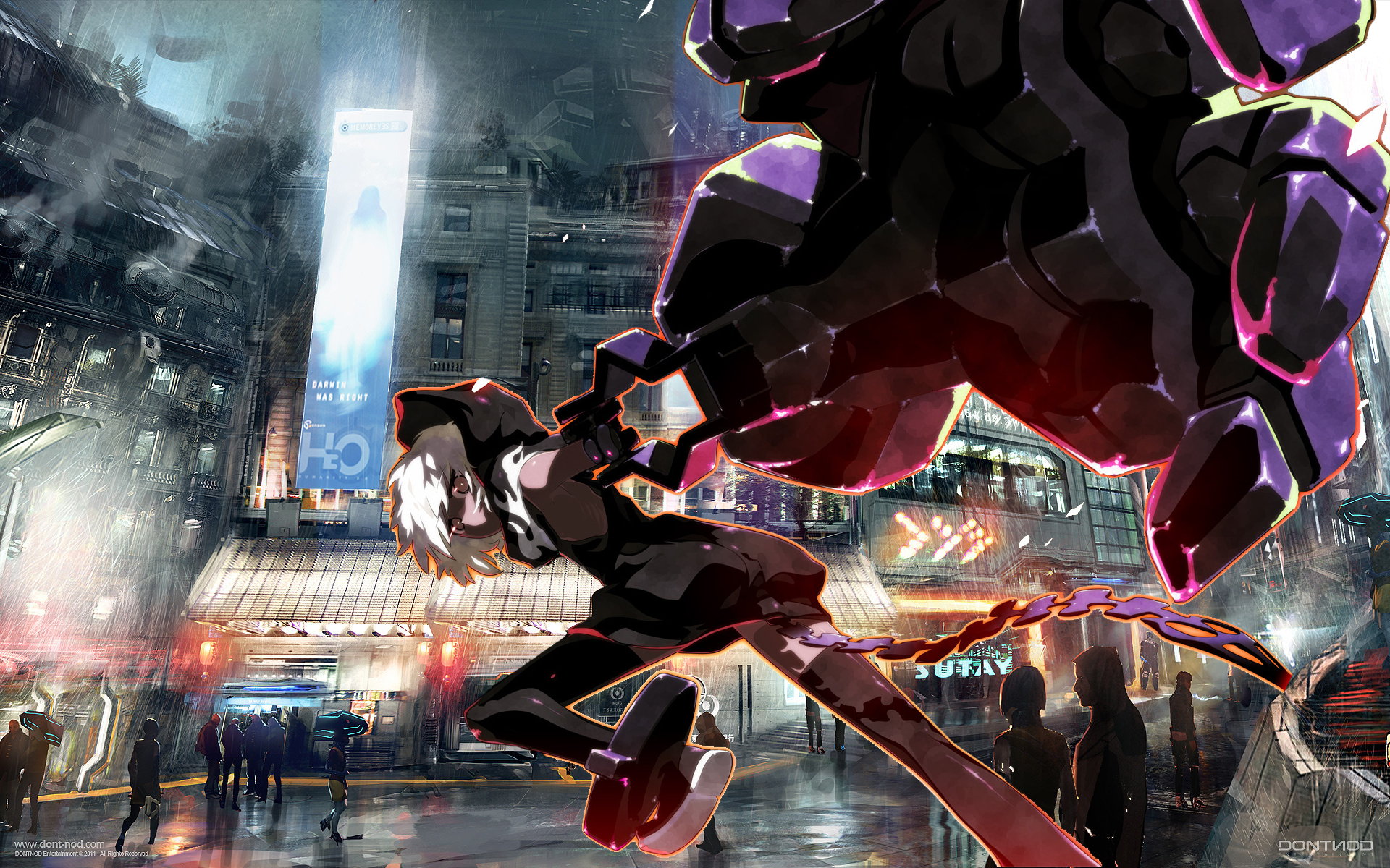 Girl fighting a giant robot in a rainy city HD Wallpaper