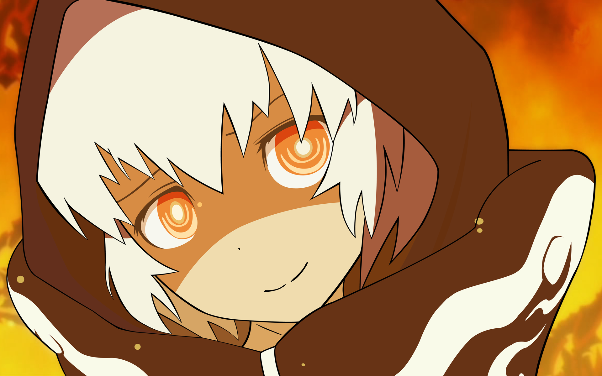 Girl with white hair and orange eyes wearing a brown hood HD Wallpaper