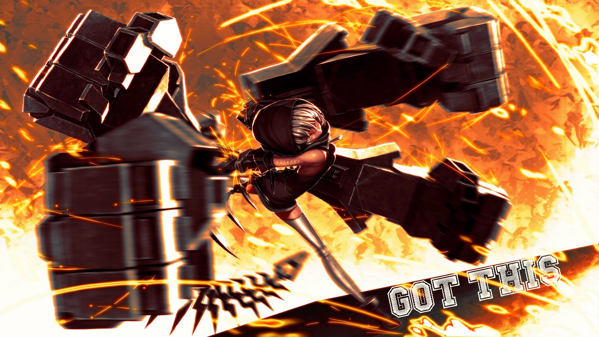 Anime girl with giant mechanical fists HD Wallpaper