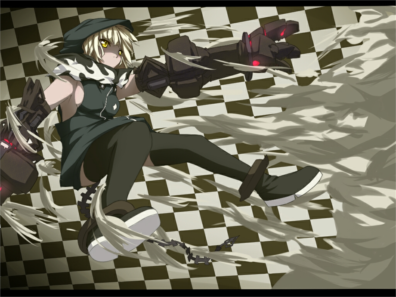 Girl with mechanical arms on checkered background HD Wallpaper