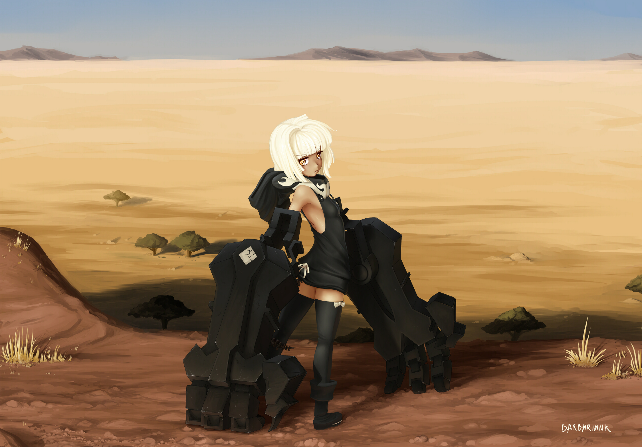 Girl with large mechanical arms in desert HD Wallpaper
