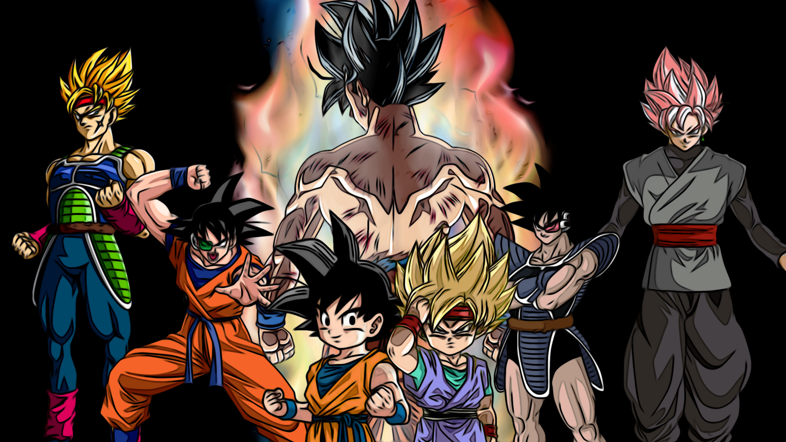 Dragon Ball characters including Goku, Bardock, Goten, and Goku Black HD Wallpaper