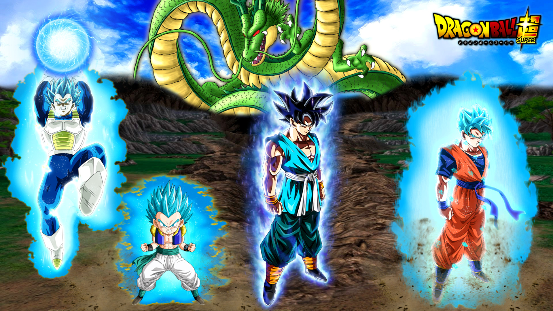 Dragon Ball Super: Goku, Vegeta, Goten, and Shenron HD Wallpaper
