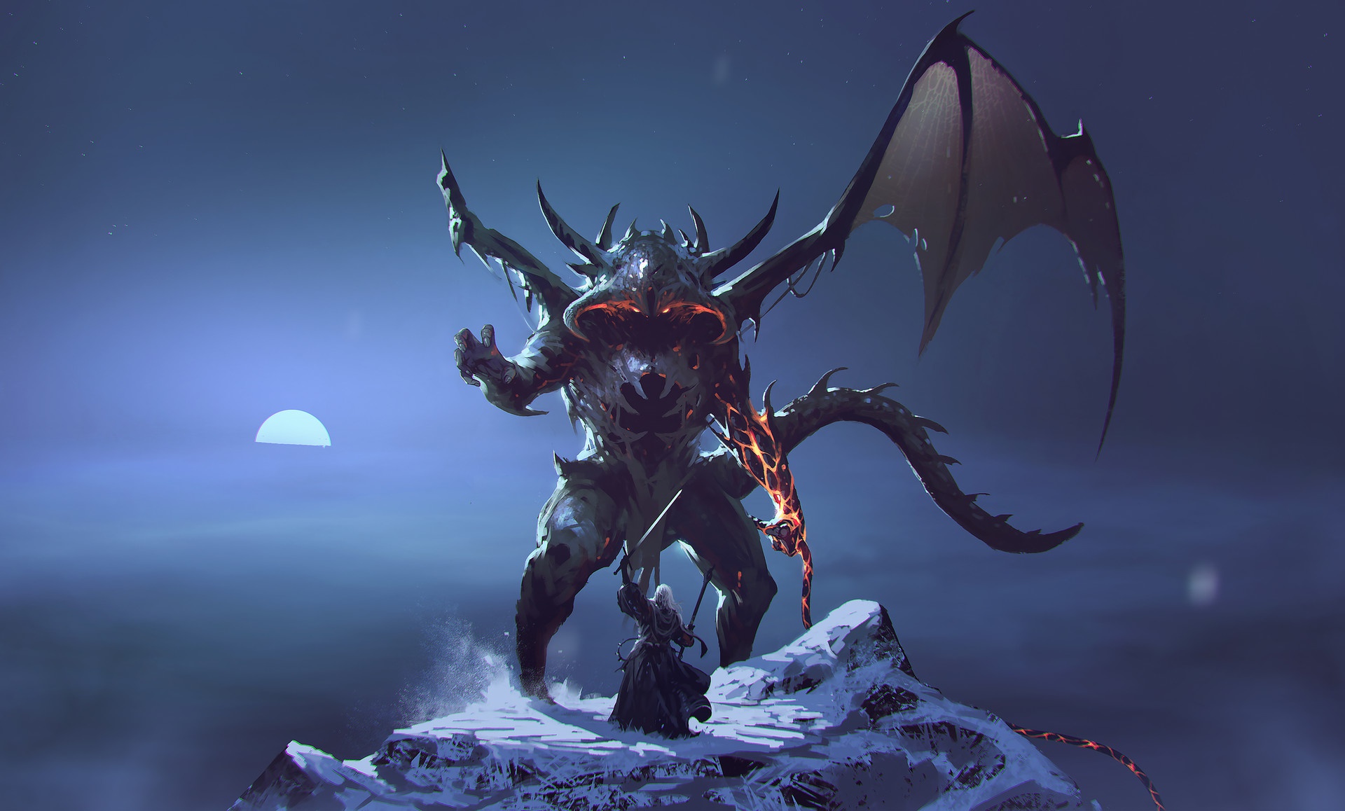Gandalf fighting a demon on a snowy mountain HD Wallpaper