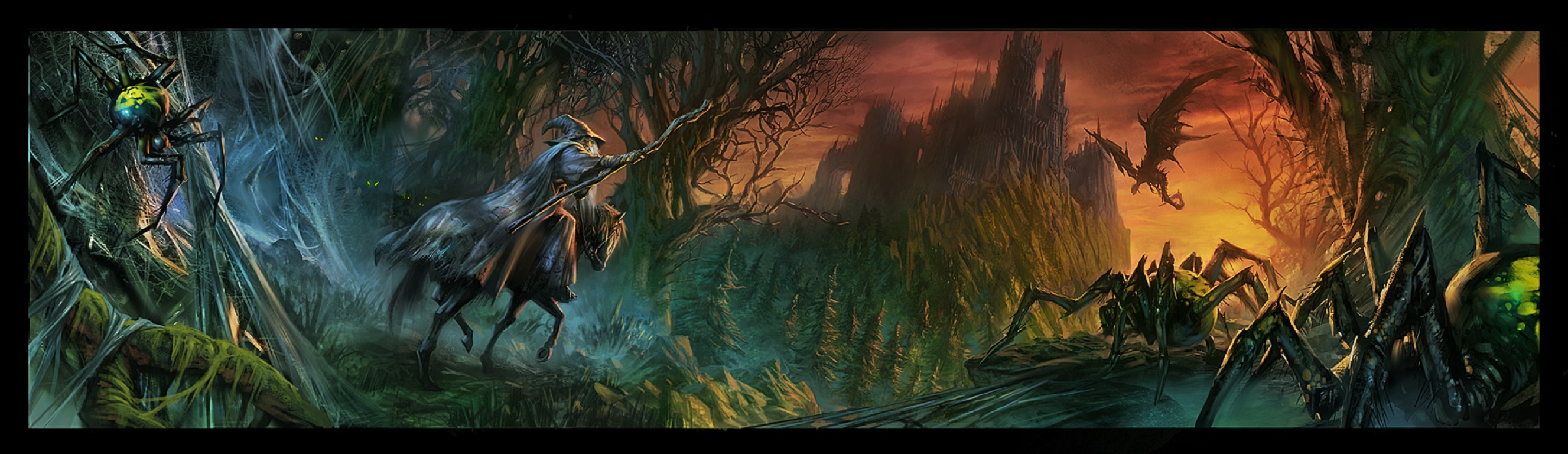 Gandalf on horseback in a dark forest with spiders and a dragon HD Wallpaper