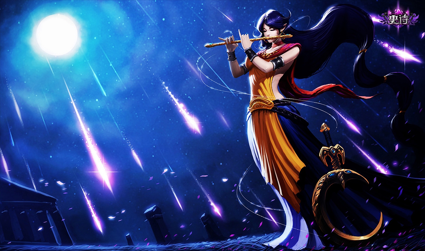 Soraka from League of Legends playing a flute under a full moon HD Wallpaper