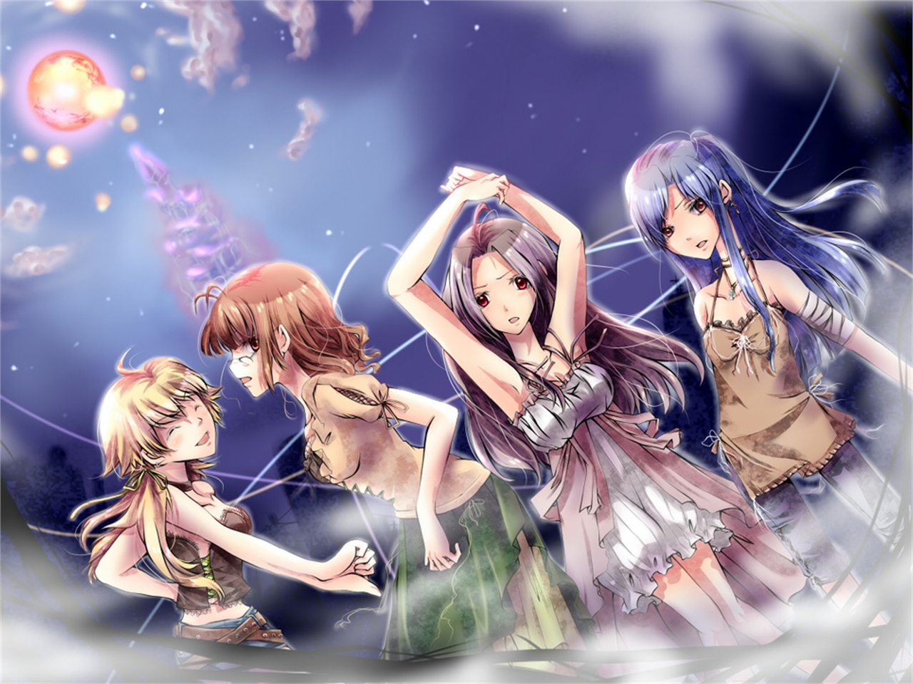 Four anime girls in a mystical setting HD Wallpaper