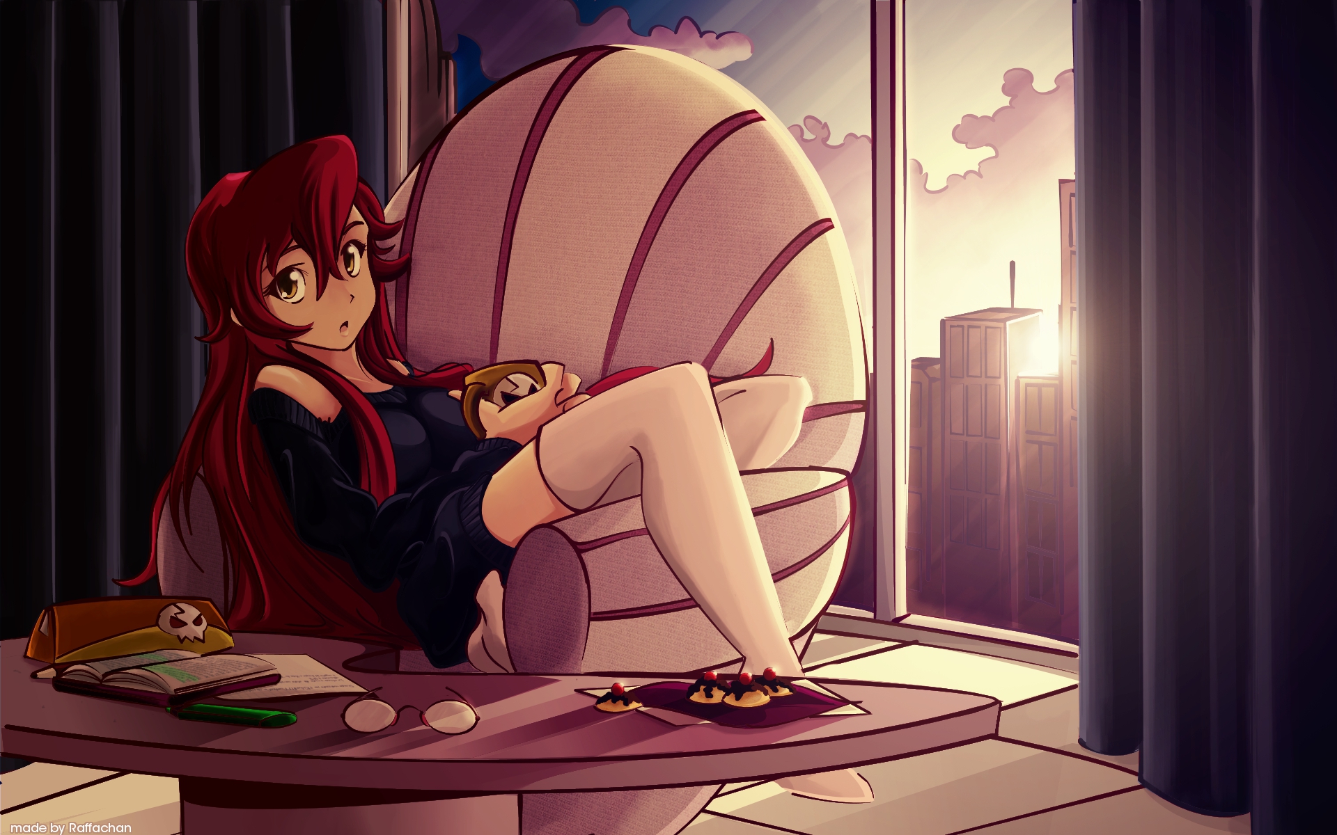 Yoko Littner from Gurren Lagann relaxing with coffee HD Wallpaper