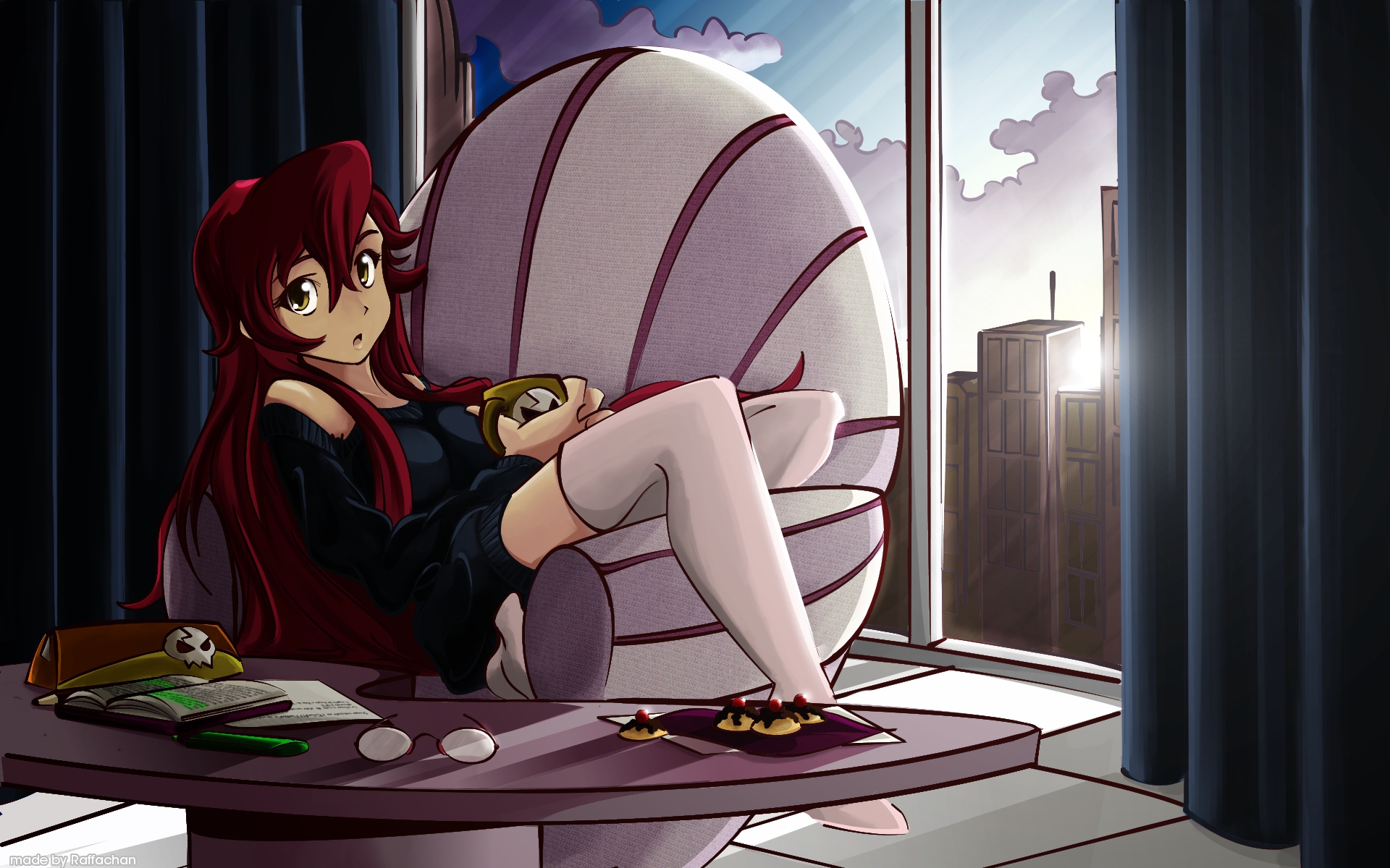 Yoko Littner from Gurren Lagann relaxing with coffee HD Wallpaper