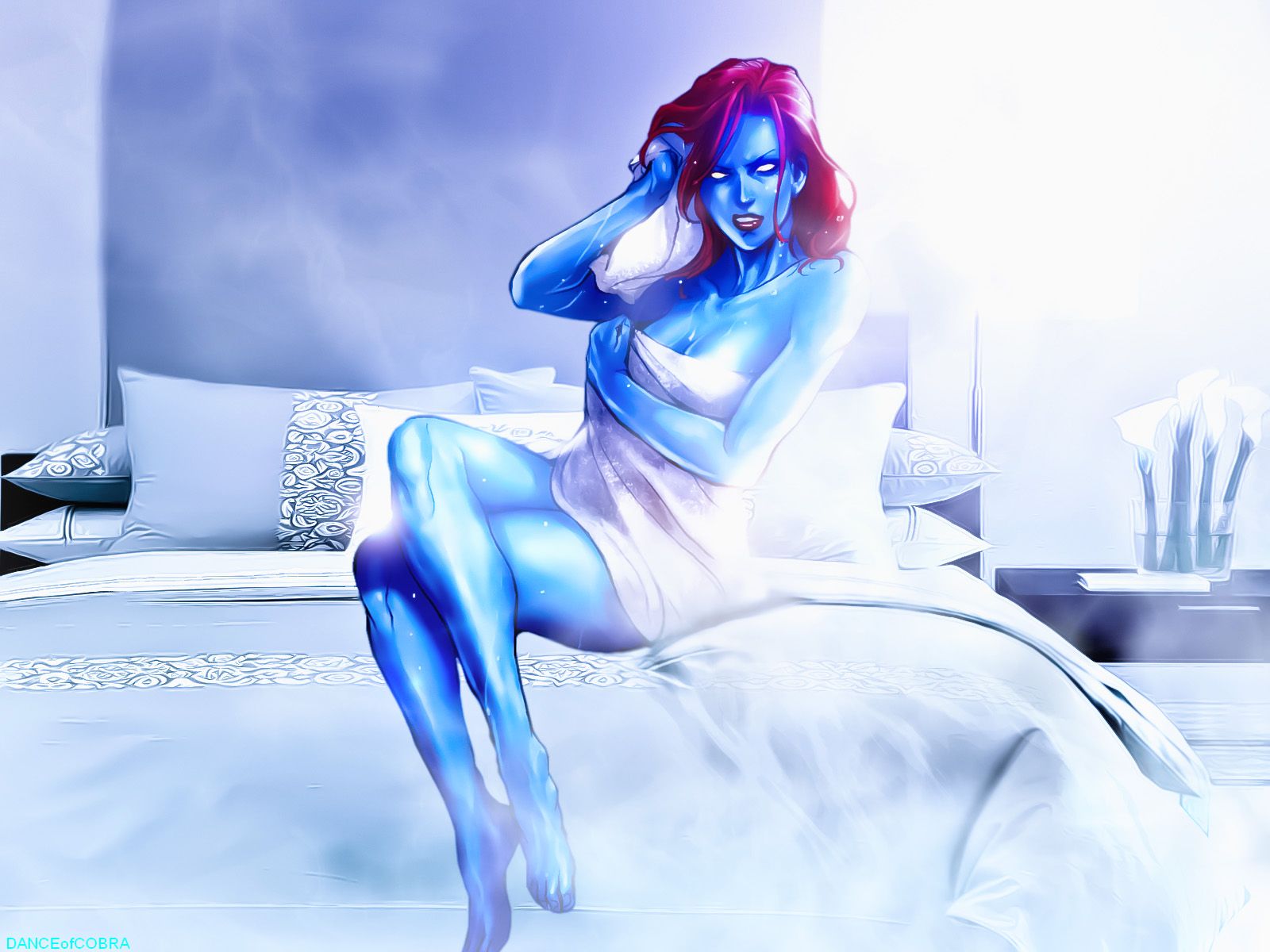 Mystique from Marvel Comics on a bed HD Wallpaper