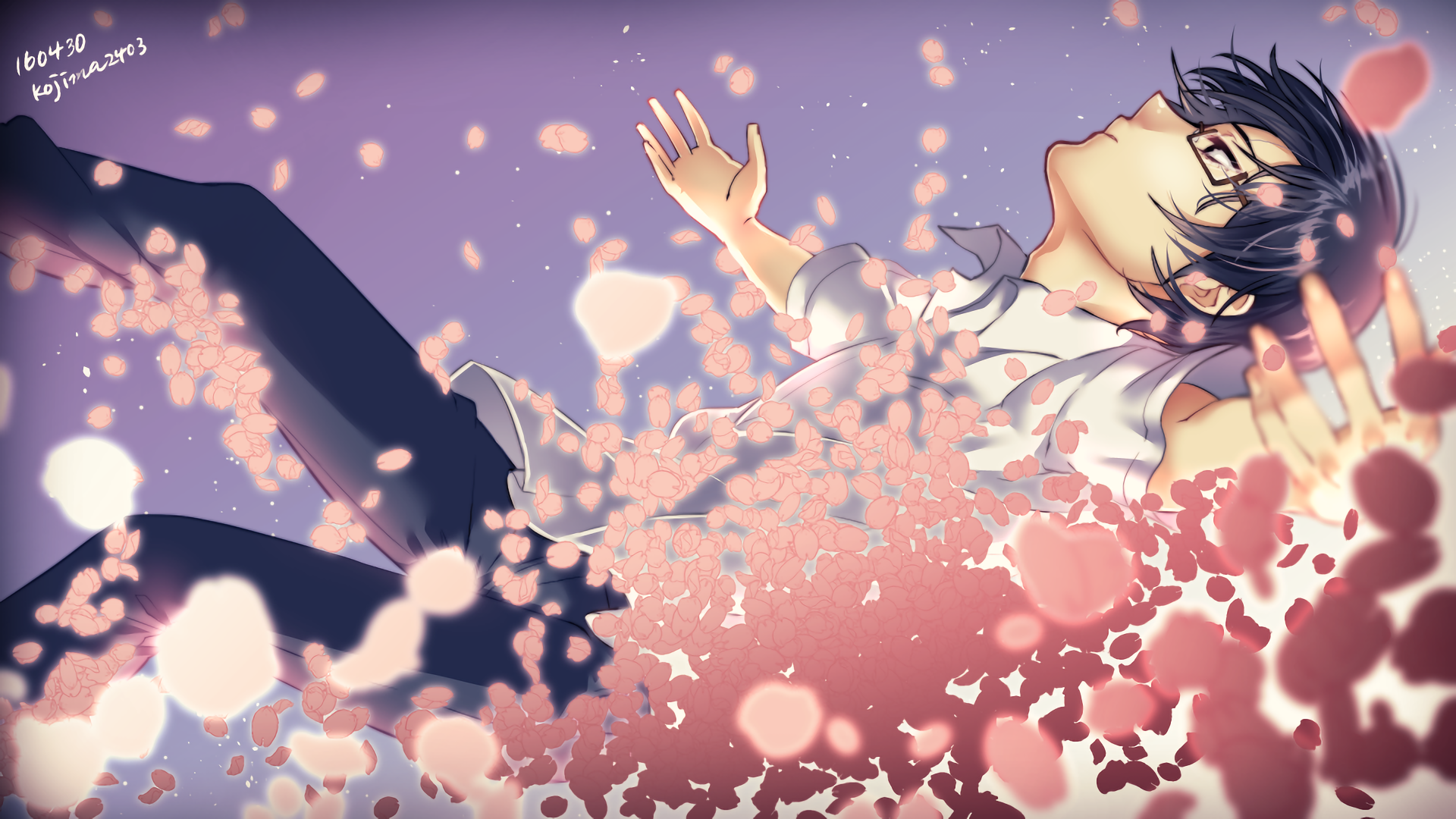 Satoru Fujinuma falling surrounded by cherry blossoms HD Wallpaper