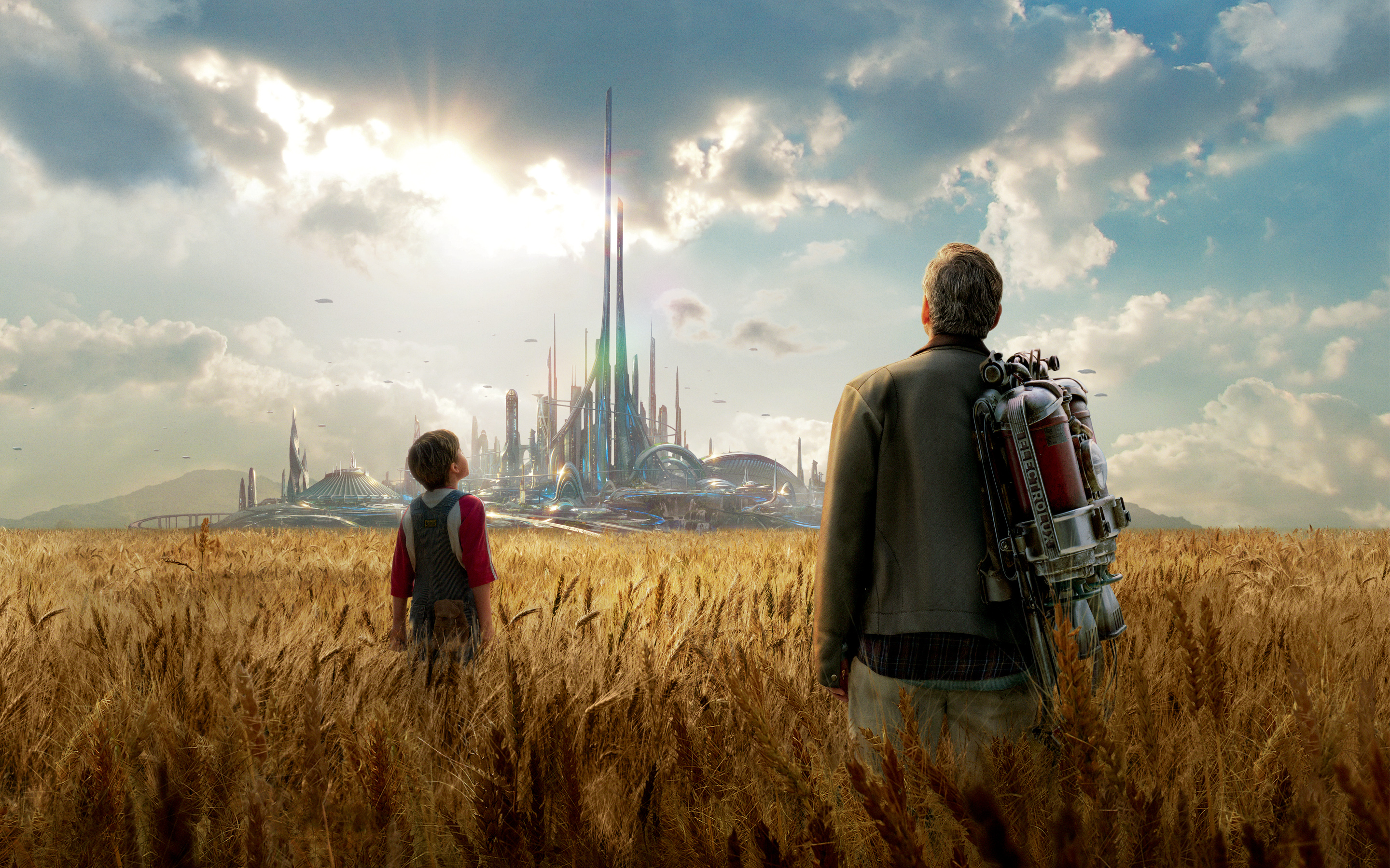 George Clooney and boy in futuristic city HD Wallpaper