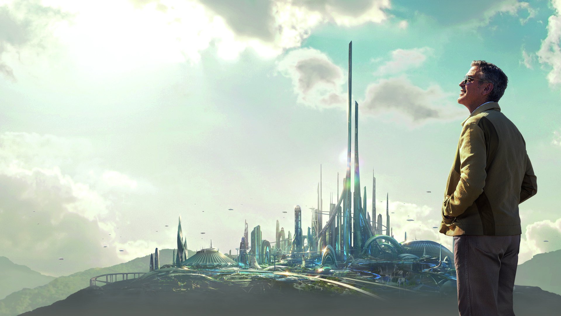 George Clooney looking at a futuristic city HD Wallpaper