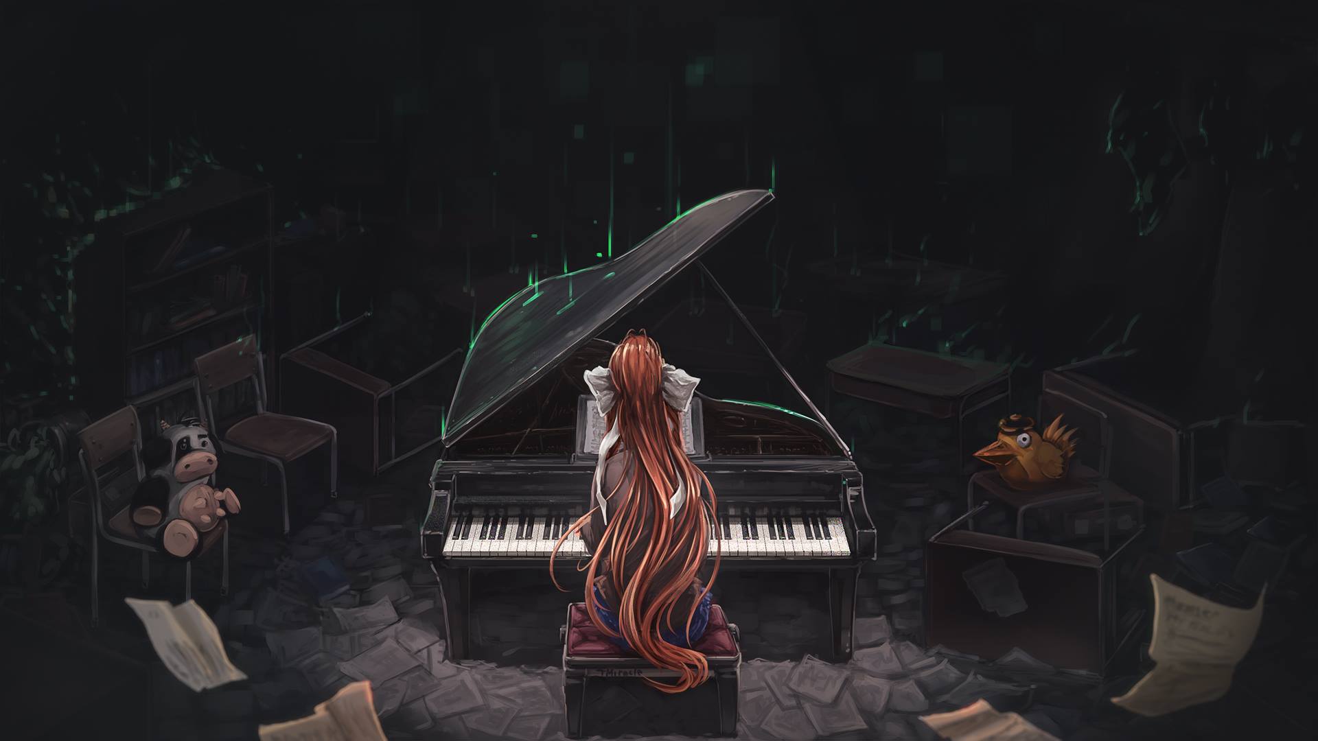 Monika from Doki Doki Literature Club! playing piano HD Wallpaper