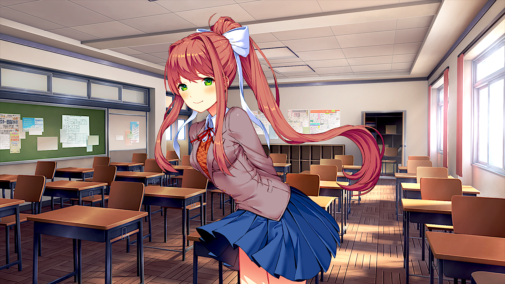 Monika from Doki Doki Literature Club! in a classroom HD Wallpaper